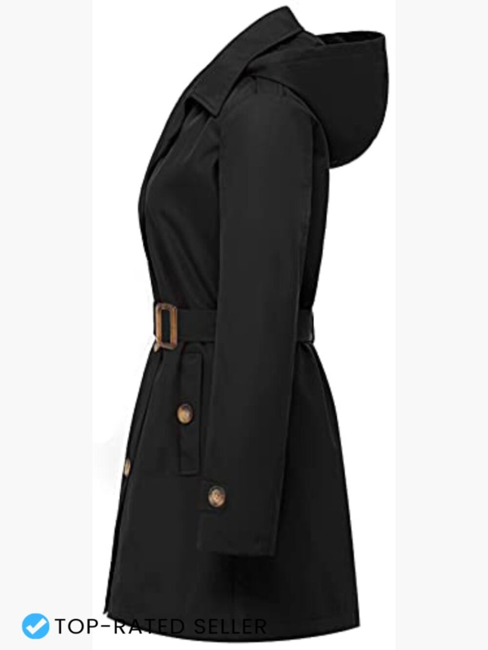 Women's Double Breasted Trench Coat Mid-Length Belted Overcoat with Hood - Picture 7 of 7